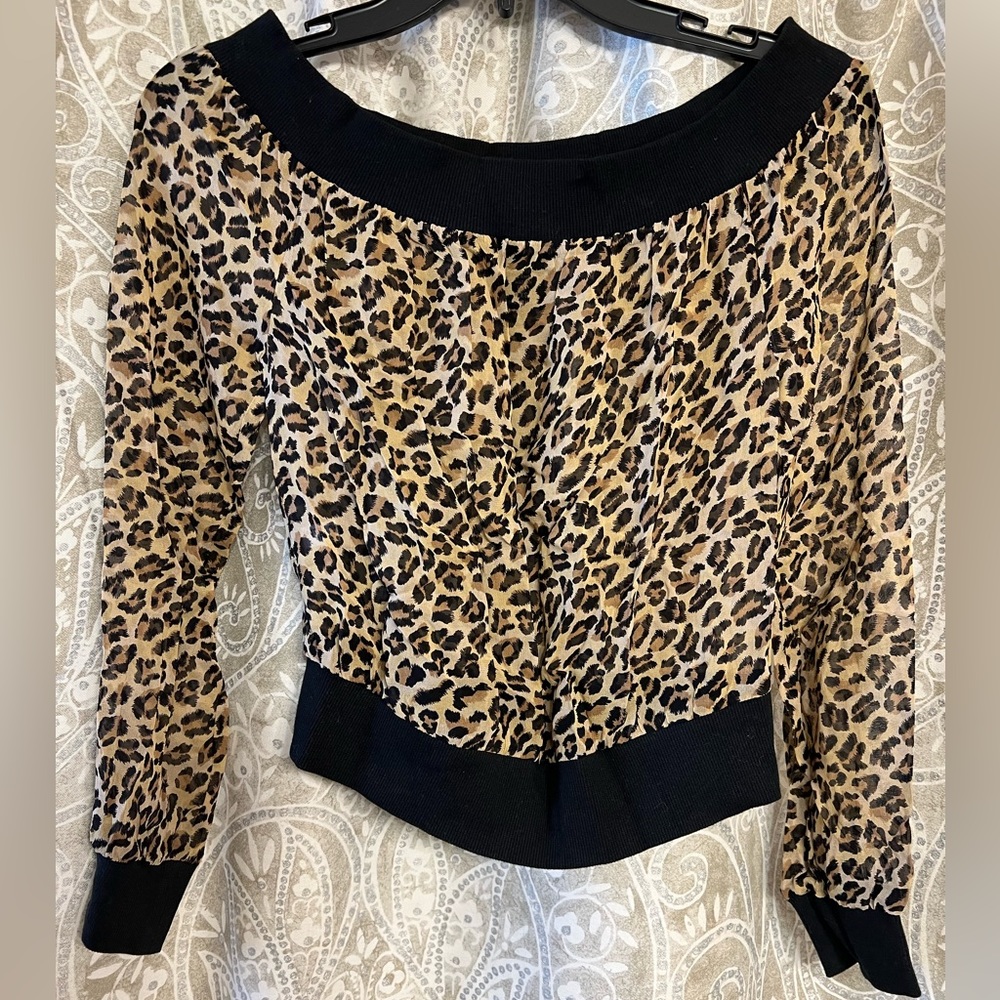 Women’s Express XS Sheer Leopard Off The Shoulder Long Sleeve Top